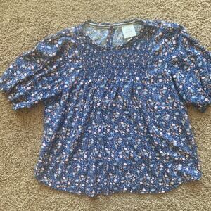 Knox Rose Floral Smocked Flower Keyhole Back Blouse Shirt Top Boho Cottagecore M